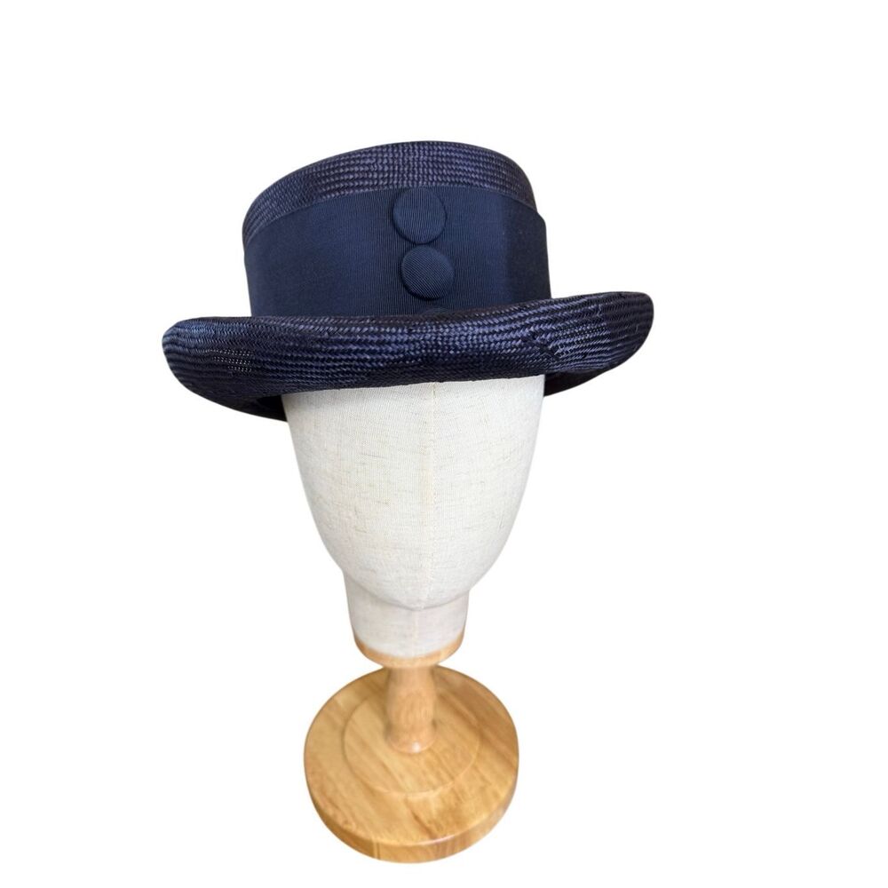 Vintage Eric Javits Boater Hat Navy Straw Grosgrain Ribbon Three Buttons Regal - Picture 1 of 9